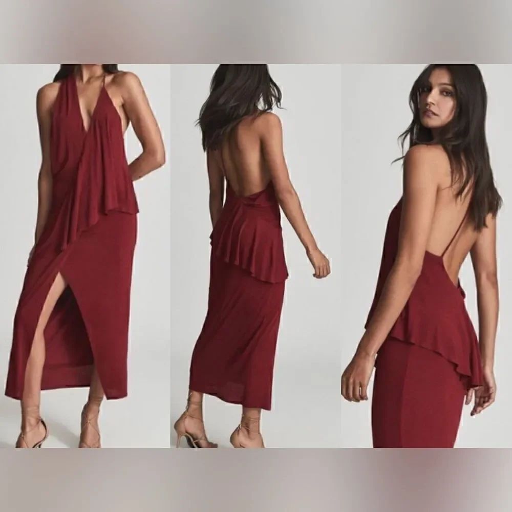 Reiss NWT XENA STRAPPY OPEN BACK COCKTAIL DRESS in Dark Red Size 10 MSRP $385 - Picture 2 of 12